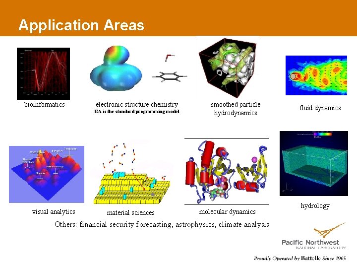 Application Areas bioinformatics electronic structure chemistry GA is the standard programming model visual analytics