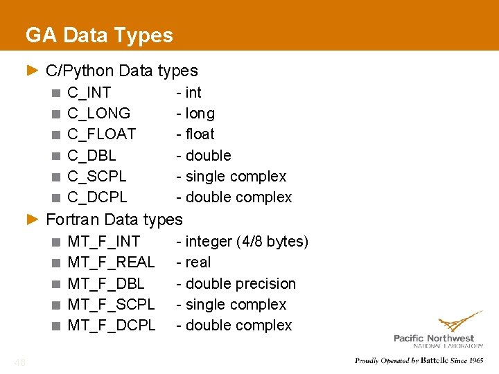 GA Data Types C/Python Data types C_INT C_LONG C_FLOAT C_DBL C_SCPL C_DCPL - int