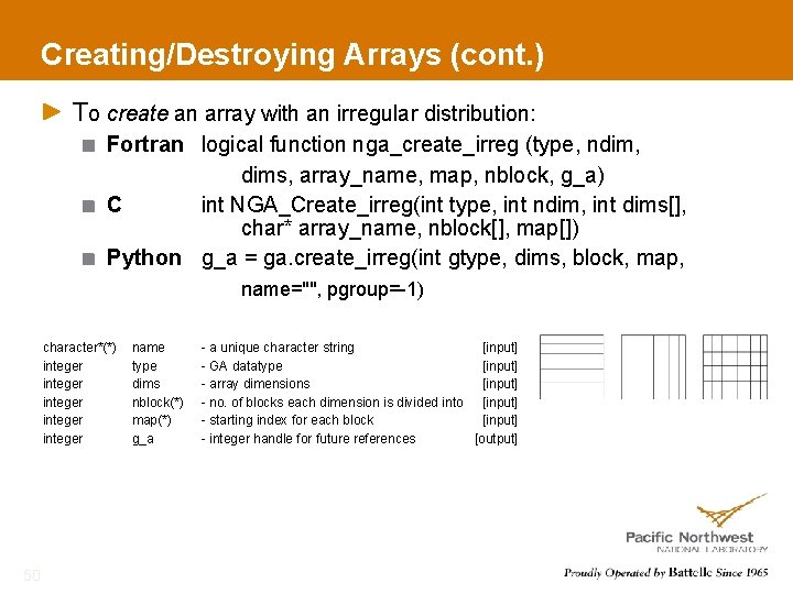 Creating/Destroying Arrays (cont. ) To create an array with an irregular distribution: Fortran logical