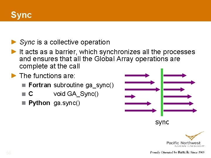 Sync is a collective operation It acts as a barrier, which synchronizes all the