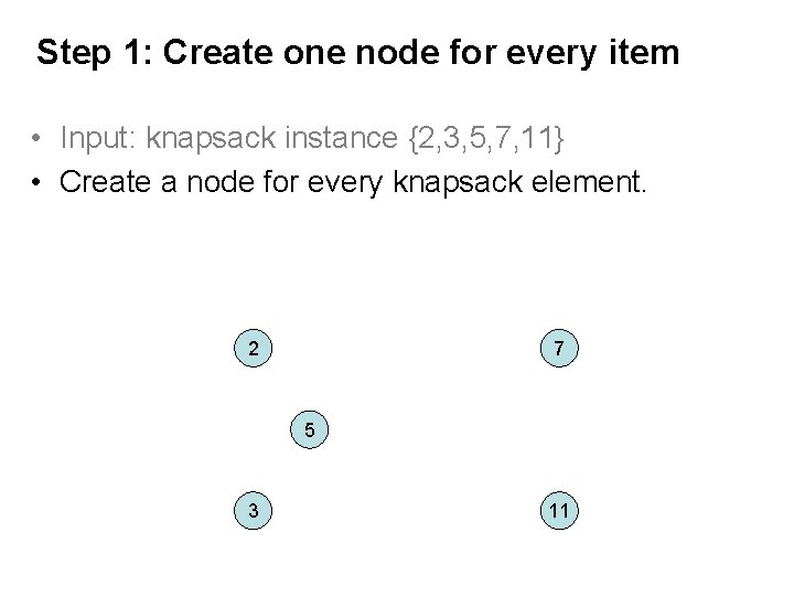 Step 1: Create one node for every item • Input: knapsack instance {2, 3,