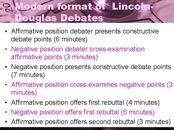 Modern format of Lincoln. Douglas Debates • Affirmative position debater presents constructive debate points