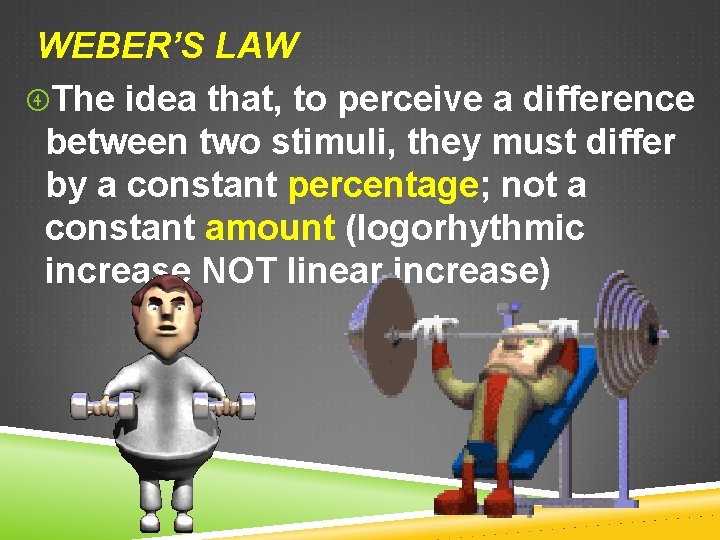 WEBER’S LAW The idea that, to perceive a difference between two stimuli, they must