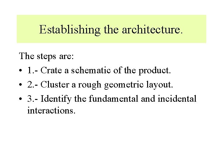 Establishing the architecture. The steps are: • 1. - Crate a schematic of the