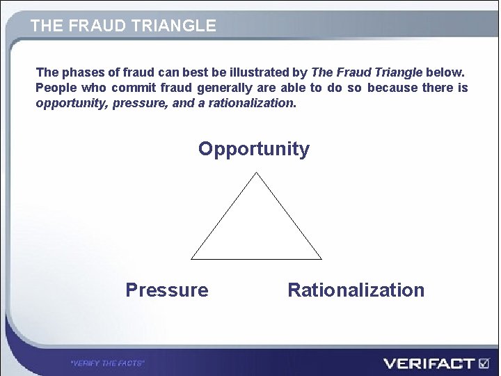 THE FRAUD TRIANGLE The phases of fraud can best be illustrated by The Fraud