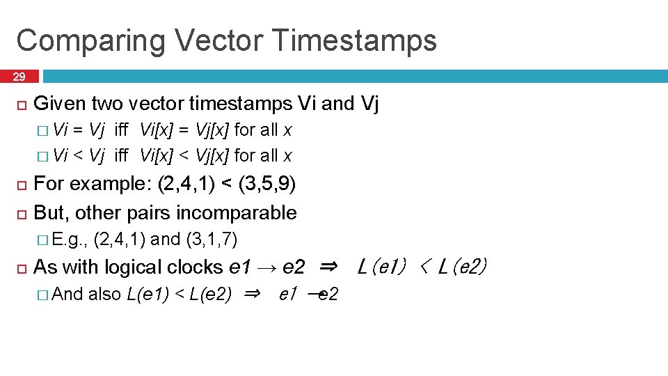 Comparing Vector Timestamps 29 Given two vector timestamps Vi and Vj � Vi =