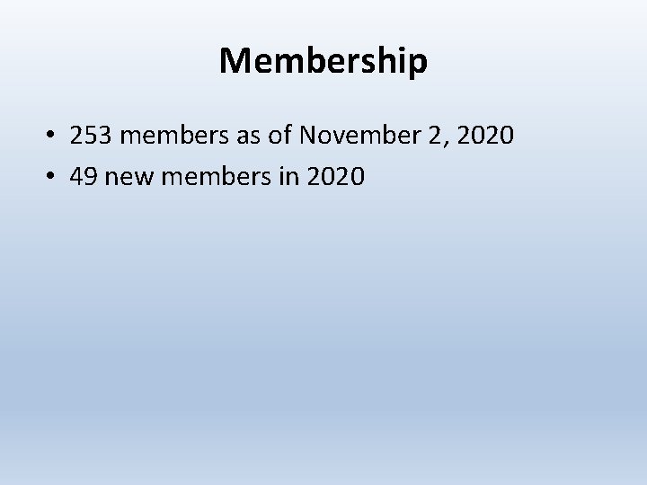 Membership • 253 members as of November 2, 2020 • 49 new members in