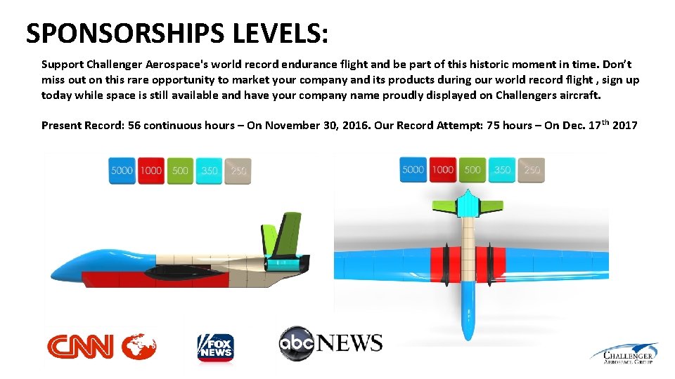 SPONSORSHIPS LEVELS: Support Challenger Aerospace's world record endurance flight and be part of this