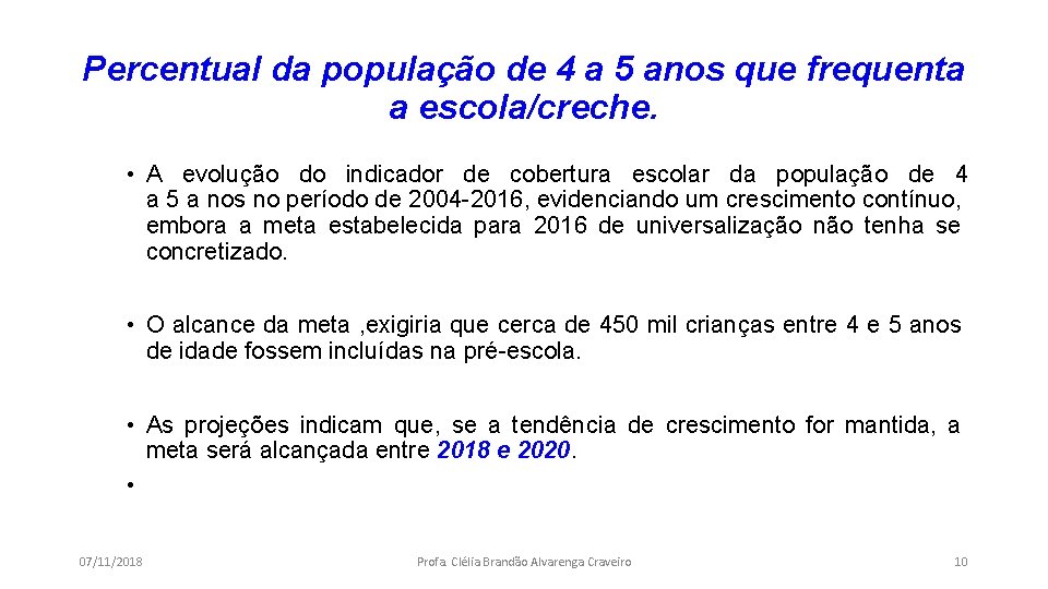 Percentual da população de 4 a 5 anos que frequenta a escola/creche. • A