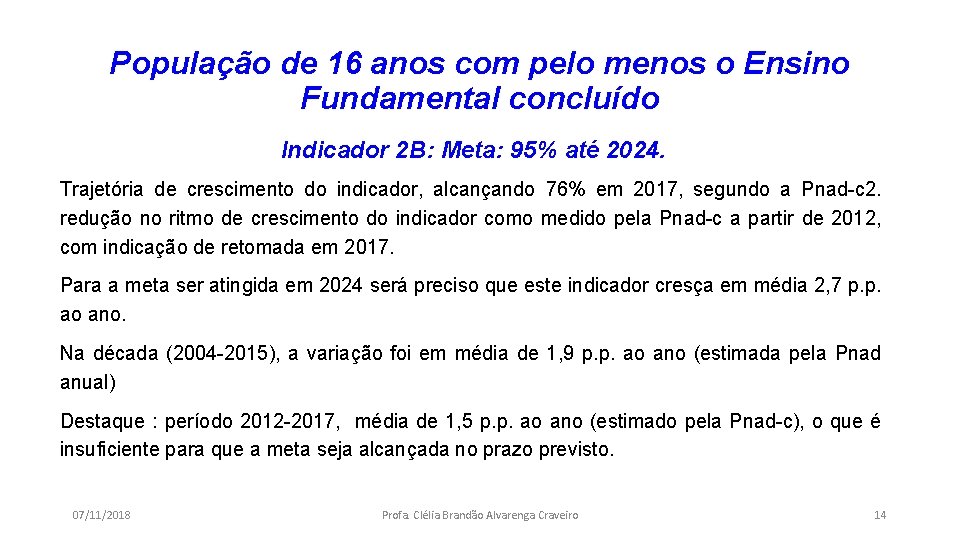 População de 16 anos com pelo menos o Ensino Fundamental concluído Indicador 2 B: