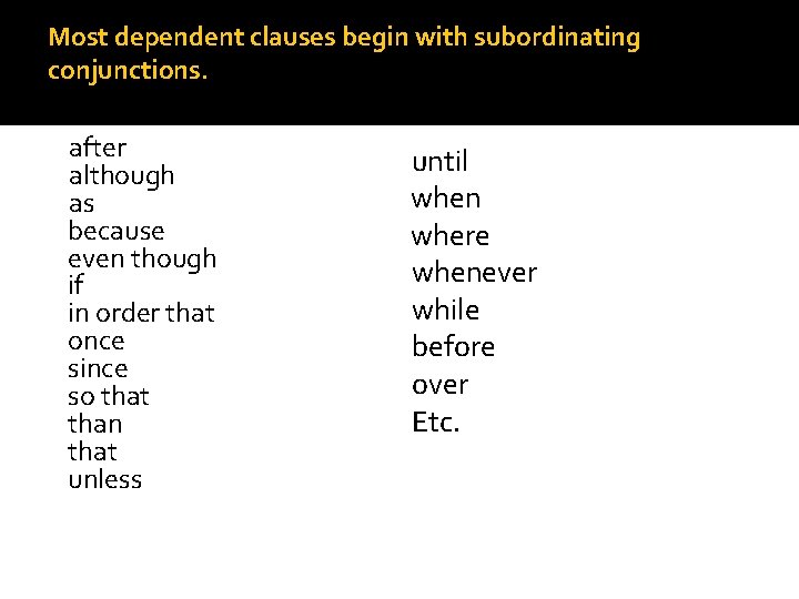 Most dependent clauses begin with subordinating conjunctions. after although as because even though if