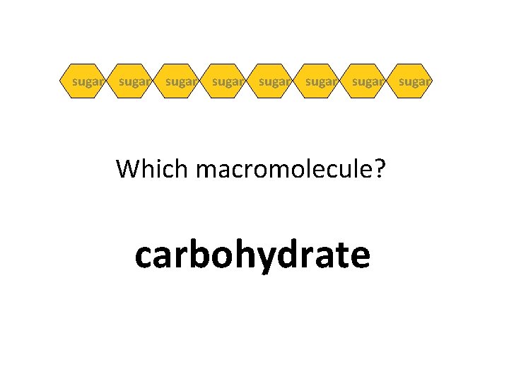 sugar sugar Which macromolecule? carbohydrate sugar 