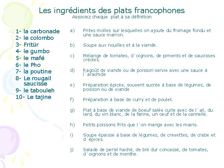 Les ingrédients des plats francophones Associez chaque plat à sa définition 12345678 - la