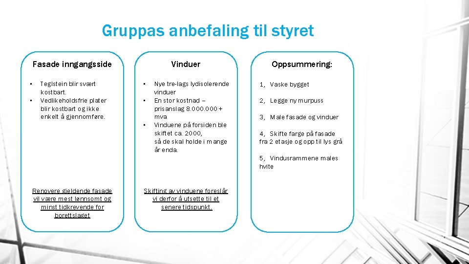 Gruppas anbefaling til styret Fasade inngangsside • • Teglstein blir svært kostbart. Vedlikeholdsfrie plater