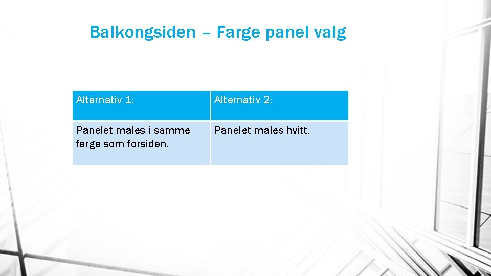 Balkongsiden – Farge panel valg Alternativ 1: Alternativ 2: Panelet males i samme farge