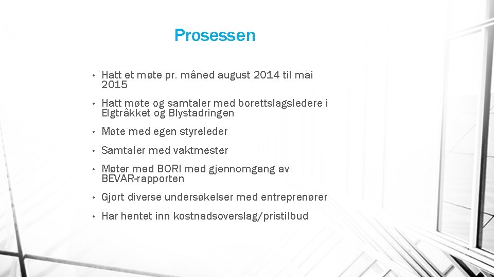 Prosessen • Hatt et møte pr. måned august 2014 til mai 2015 • Hatt