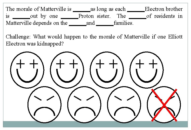 The morale of Matterville is ______as long as each ______Electron brother is ______out by