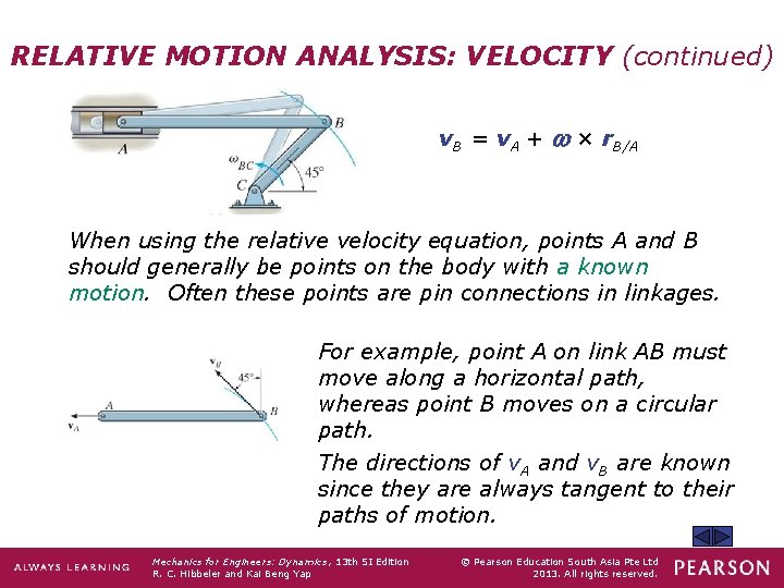 RELATIVE MOTION ANALYSIS: VELOCITY (continued) v. B = v. A + × r. B/A