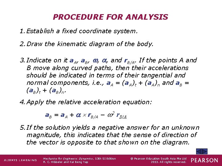 PROCEDURE FOR ANALYSIS 1. Establish a fixed coordinate system. 2. Draw the kinematic diagram