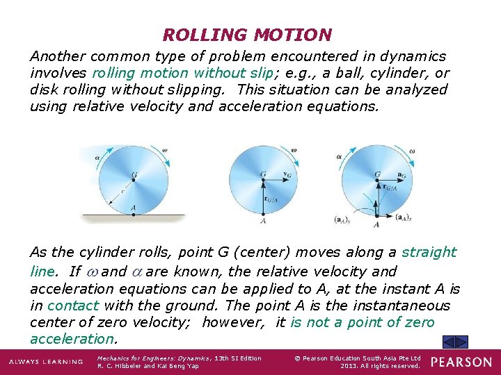 ROLLING MOTION Another common type of problem encountered in dynamics involves rolling motion without
