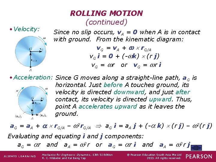  • Velocity: ROLLING MOTION (continued) Since no slip occurs, v. A = 0