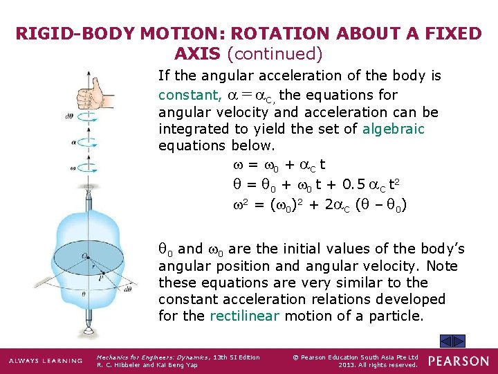 RIGID-BODY MOTION: ROTATION ABOUT A FIXED AXIS (continued) If the angular acceleration of the