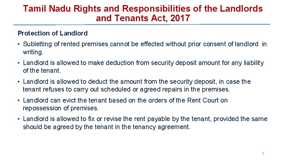 Tamil Nadu Rights and Responsibilities of the Landlords and Tenants Act, 2017 Protection of