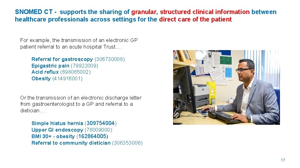 SNOMED CT - supports the sharing of granular, structured clinical information between healthcare professionals