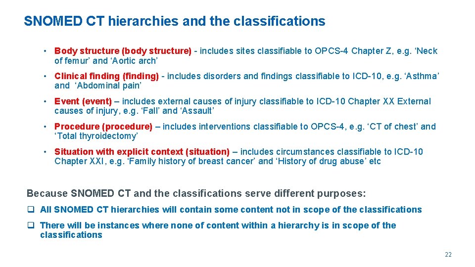 SNOMED CT hierarchies and the classifications • Body structure (body structure) - includes sites