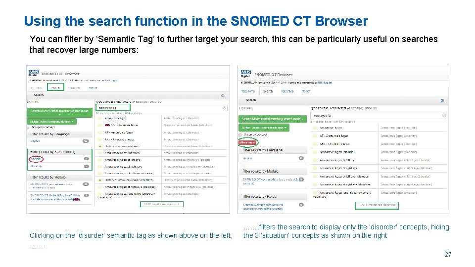 Using the search function in the SNOMED CT Browser You can filter by ‘Semantic