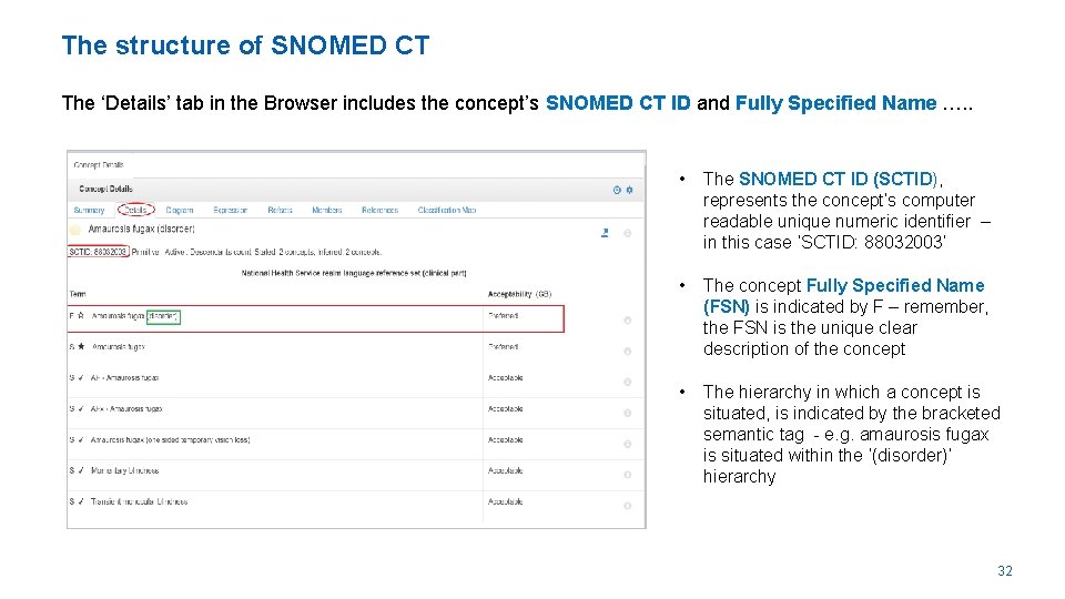 The structure of SNOMED CT The ‘Details’ tab in the Browser includes the concept’s
