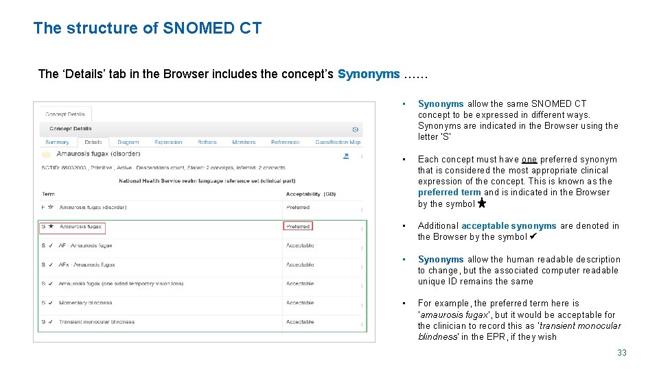 The structure of SNOMED CT The ‘Details’ tab in the Browser includes the concept’s