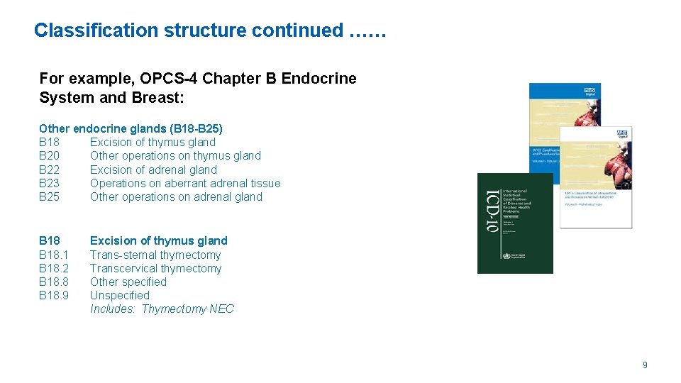 Classification structure continued …… For example, OPCS-4 Chapter B Endocrine System and Breast: Other