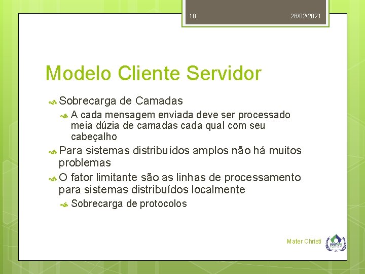 10 26/02/2021 Modelo Cliente Servidor Sobrecarga de Camadas A cada mensagem enviada deve ser