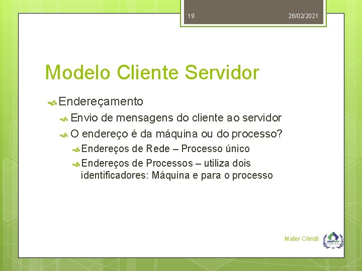 19 26/02/2021 Modelo Cliente Servidor Endereçamento Envio de mensagens do cliente ao servidor O