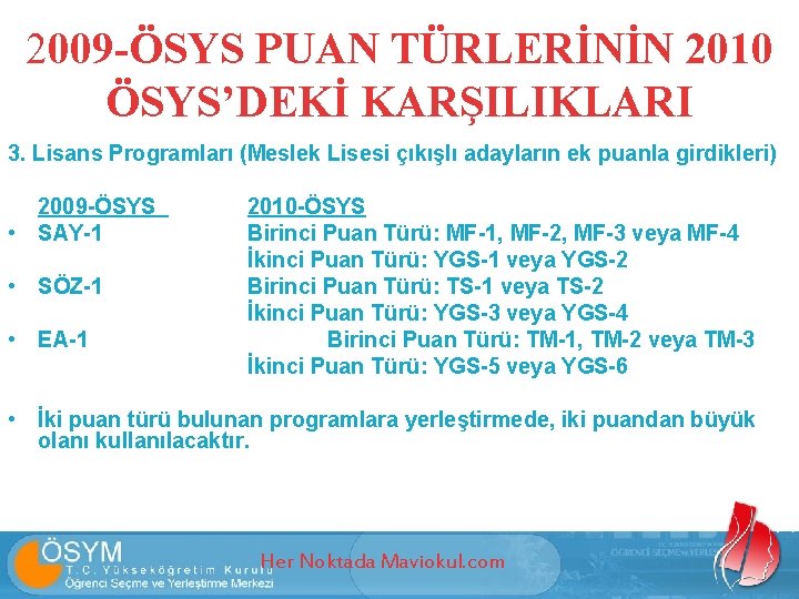 2009 -ÖSYS PUAN TÜRLERİNİN 2010 ÖSYS’DEKİ KARŞILIKLARI 3. Lisans Programları (Meslek Lisesi çıkışlı adayların