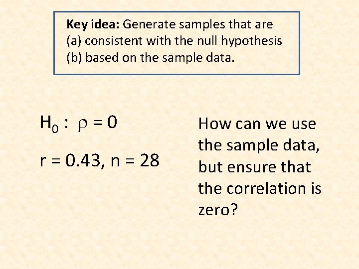 Key idea: Generate samples that are (a) consistent with the null hypothesis (b) based