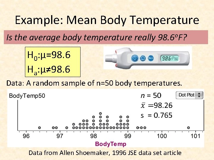 Example: Mean Body Temperature Is the average body temperature really 98. 6 o. F?