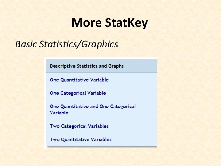 More Stat. Key Basic Statistics/Graphics 