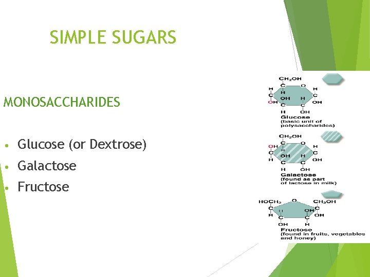 SIMPLE SUGARS MONOSACCHARIDES • Glucose (or Dextrose) • Galactose • Fructose 
