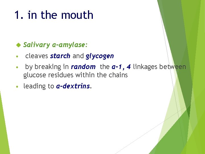1. in the mouth • Salivary α-amylase: cleaves starch and glycogen • by breaking