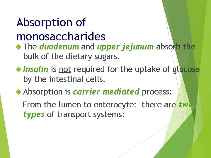 Absorption of monosaccharides The duodenum and upper jejunum absorb the bulk of the dietary