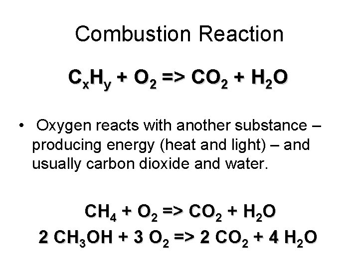Combustion Reaction Cx. Hy + O 2 => CO 2 + H 2 O