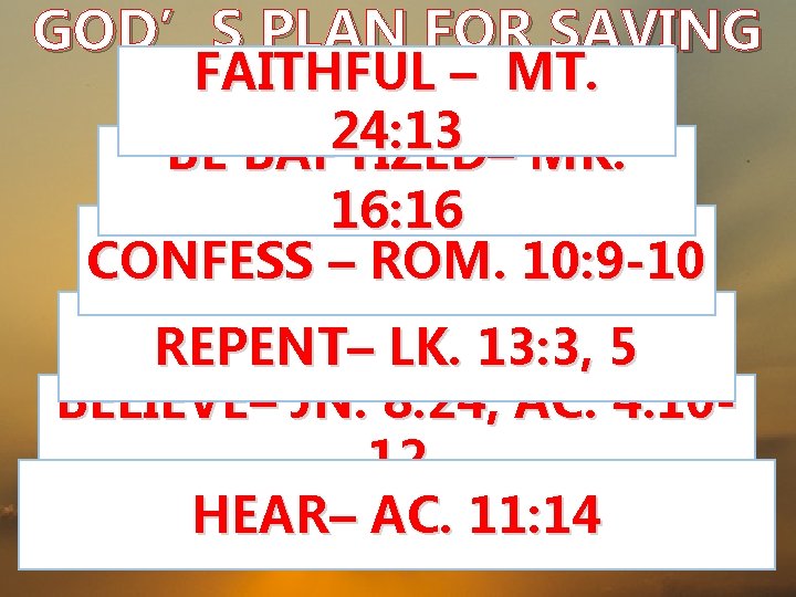 GOD’S PLAN FOR SAVING FAITHFUL – MT. MAN 24: 13 BE BAPTIZED– MK. 16: