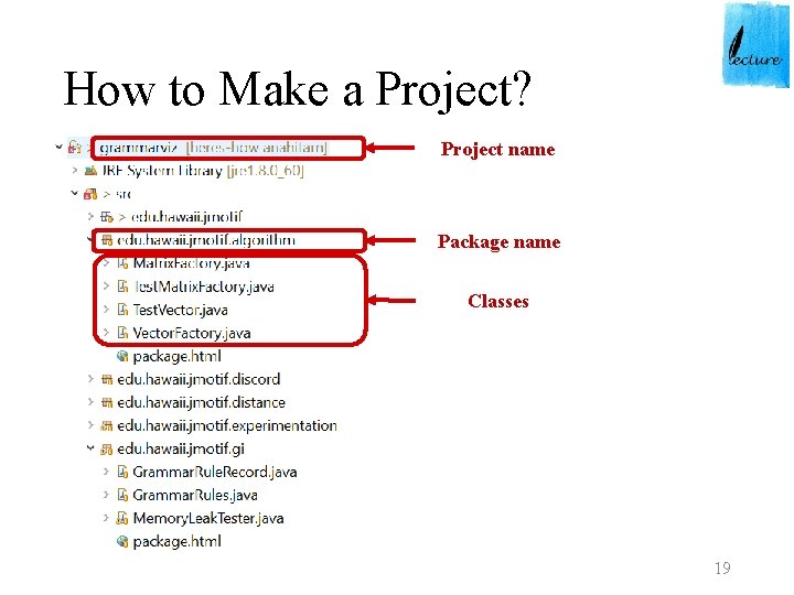 How to Make a Project? Project name Package name Classes 19 