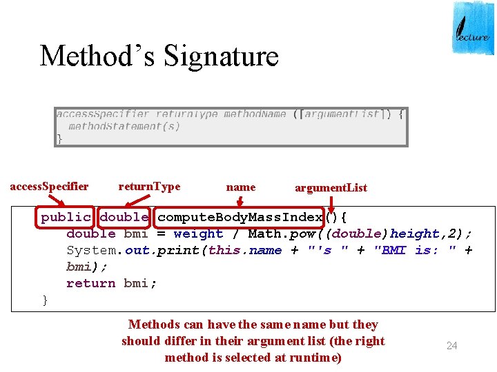 Method’s Signature access. Specifier return. Type name argument. List public double compute. Body. Mass.