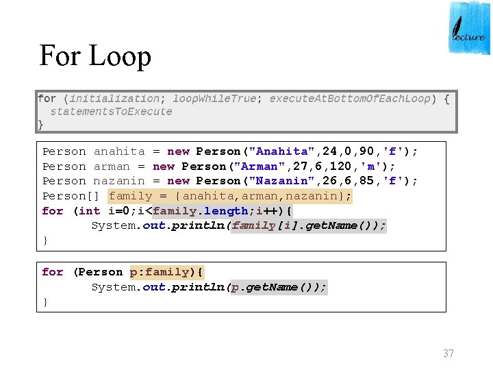 For Loop Person anahita = new Person("Anahita", 24, 0, 90, 'f'); Person arman =