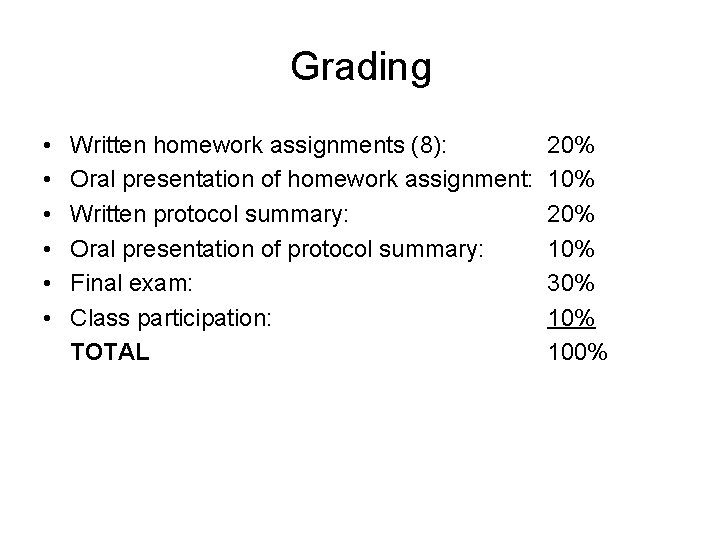 Grading • • • Written homework assignments (8): Oral presentation of homework assignment: Written