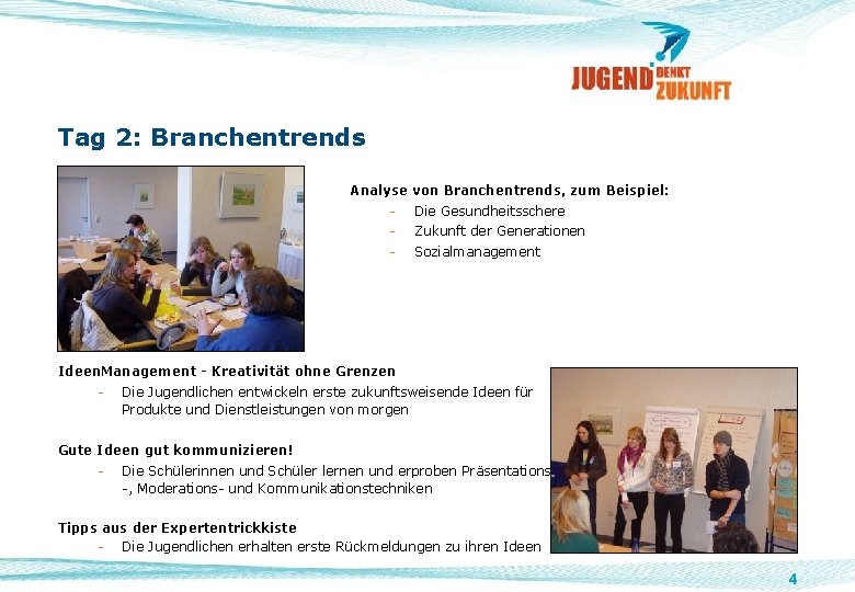 Tag 2: Branchentrends Analyse von Branchentrends, zum Beispiel: Bild von Jugendlichen beim Arbeiten -