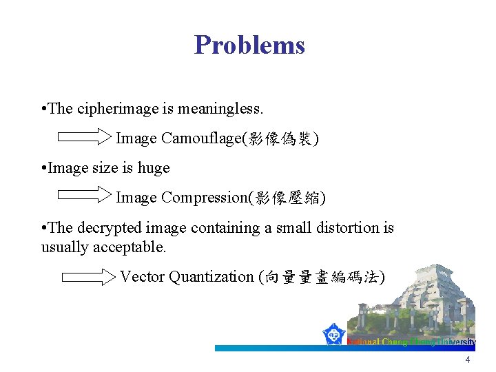 Problems • The cipherimage is meaningless. Image Camouflage(影像偽裝) • Image size is huge Image